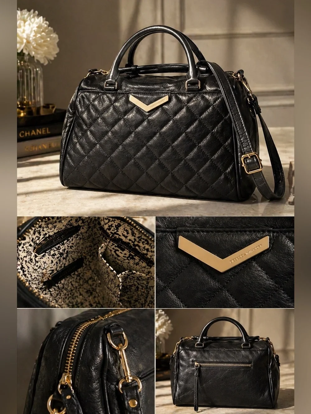 Rebecca Minkoff Quilted Leather Satchel Crossbody Black Gold Hardware Handle Bag